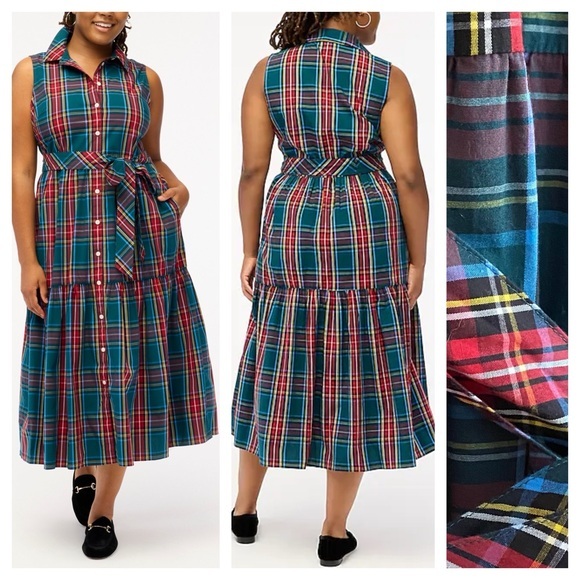 J. Crew Dresses & Skirts - J. Crew Green Red Sleeveless Holiday Tartan Plaid Midi Shirt Dress